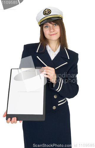 Image of Beautiful woman - sailor on white background, with tablet in han