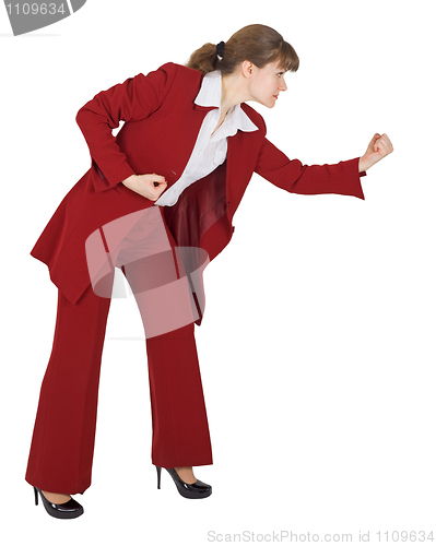 Image of Woman beats fist on white background