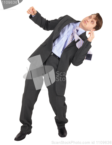 Image of Businessman gets hit in face on white background