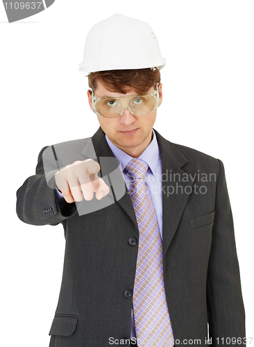 Image of Expert in safety precautions strictly points a finger