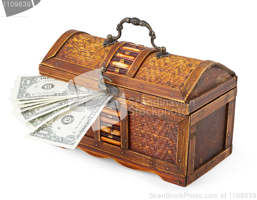 Image of Old wooden little chest and money