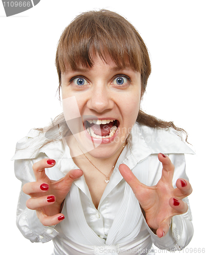 Image of Scared amusing young woman shouts