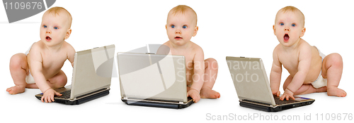 Image of Three baby in diapers with laptops on white