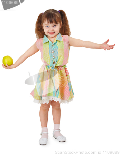 Image of Happy girl with apple in hand, isolated on white