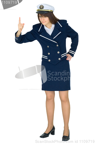Image of Beautiful woman in uniform of sea captain on white background