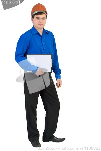 Image of Guy in a helmet with a tablet
