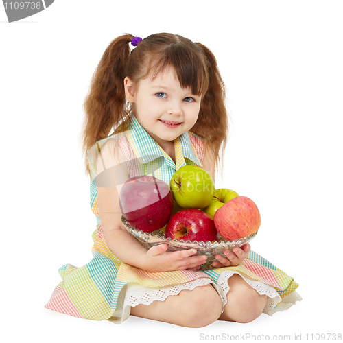 Image of Beautiful girl on white with plate of fruit