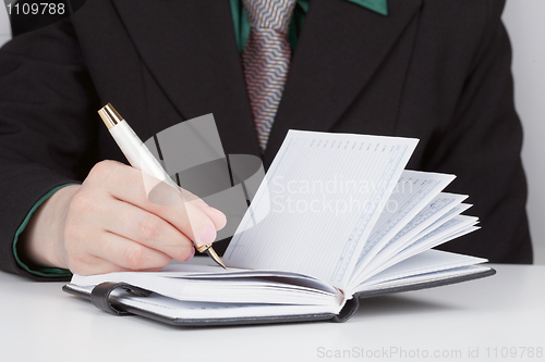 Image of Woman does records in a diary close up