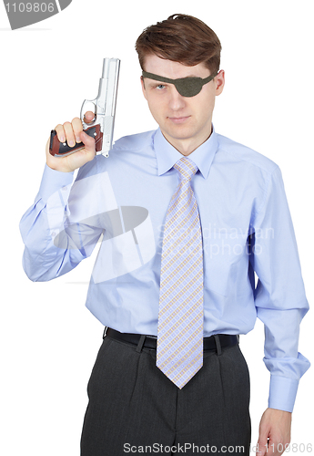 Image of Portrait of man armed with a pistol on white background