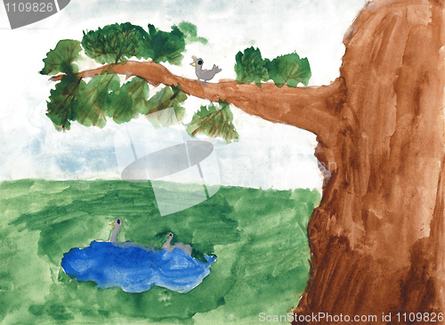 Image of Children's colored drawing on paper - tree and birds