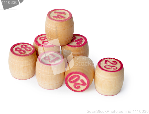 Image of Wooden kegs for bingo on white background