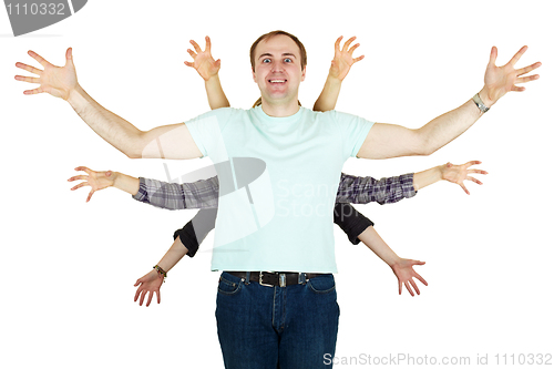 Image of Cheerful people - multiarmed monster on white