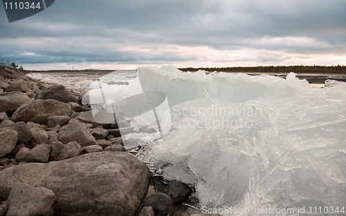 Image of Heap of ice on bank of river