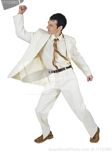 Image of Fighting businessman puts a punch, isolated on white