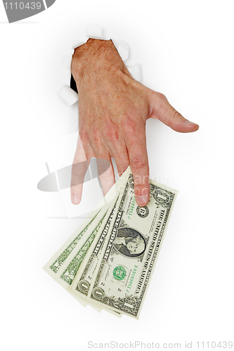 Image of Hand giving stack of dollars on white background