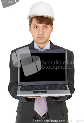 Image of Engineer - builder shows a computer screen