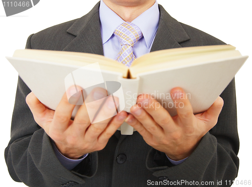 Image of Man reads big book, isolated on white