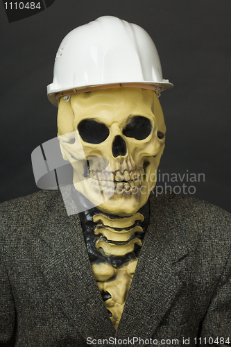 Image of Terrible dude in mask of skeleton with helmet
