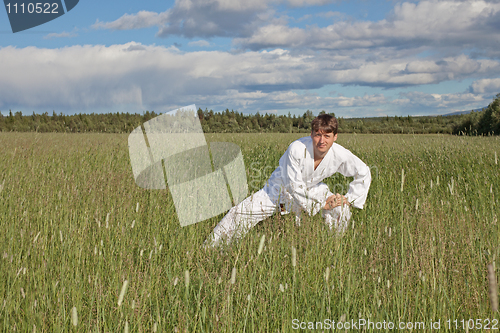 Image of Young man practices Wushu in field