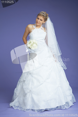 Image of Beautiful bride poses on violet background