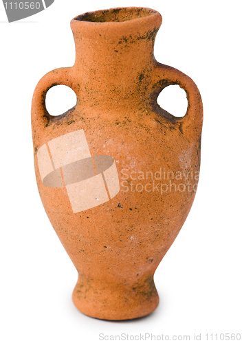 Image of Ancient miniature clay amphora on white background