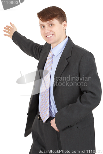 Image of Hospitable businessman in a business suit on white background