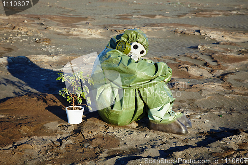 Image of Man in chemical suit and houseplant in desert