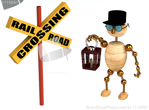 Image of 3d railroad crossing sign and wood man