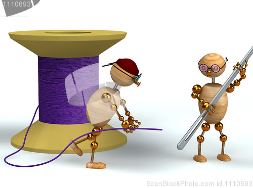Image of 3d man and purple bobbin with needle