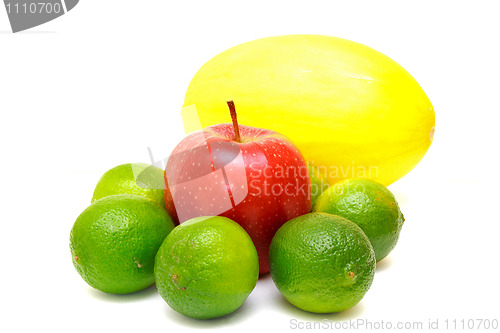 Image of Colorful fruits melon, laime and apple