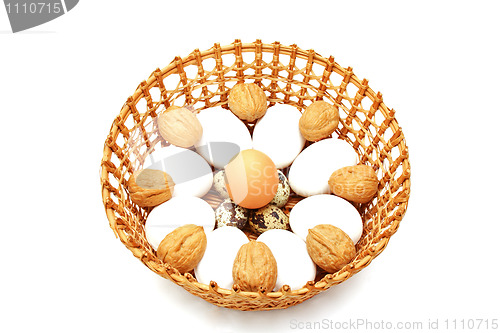 Image of Eggs and quail egg in the basket with nuts