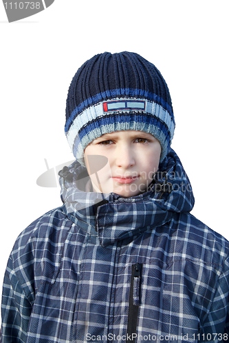 Image of Small boy dressed to winter cloth isolated