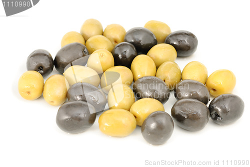 Image of Whole black and green olives marinated  isolated on white background