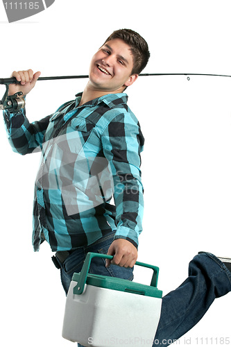 Image of Happy Fisherman with His Rod and Cooler