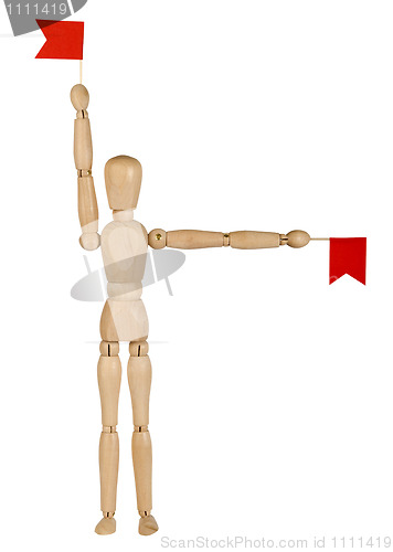 Image of wooden toy man with red flags