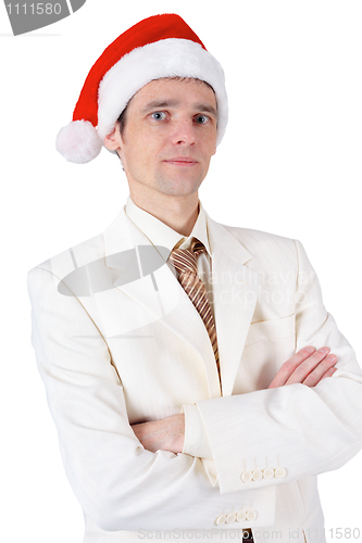 Image of Businessman in red Christmas hat on white background