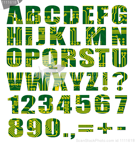 Image of Electronic alphabet with letters and digits from circuit board