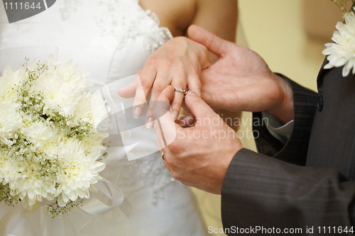 Image of Ring on finger bride close-up