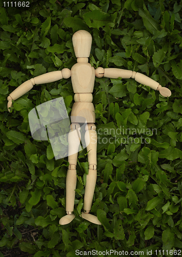 Image of Toy wooden man on grass
