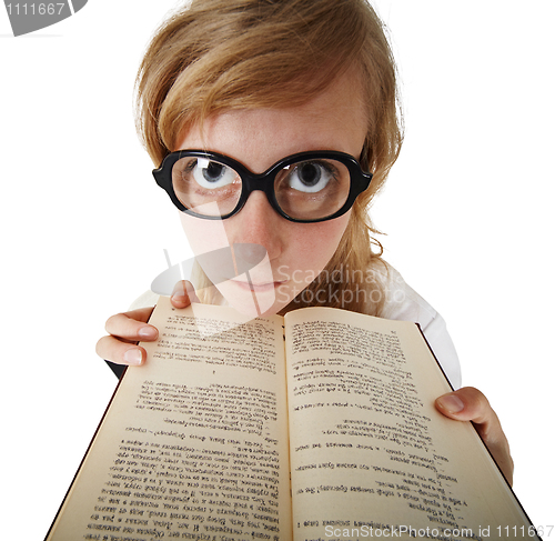 Image of Funny woman in big glasses with book