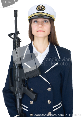 Image of Woman in uniform sea captain with rifle, isolated on white backg