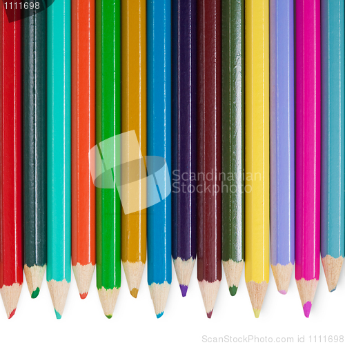 Image of Fourteen color pencils on white background