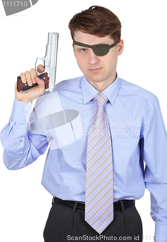 Image of Modern pirate, pistol in hand, on white