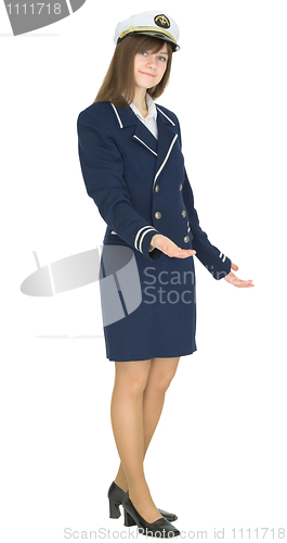 Image of Hospitable woman in sailor suit isolated on white