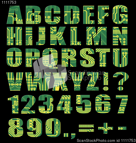 Image of Electronic alphabet with letters and digits from circuit board