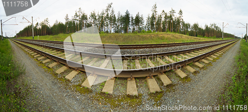 Image of Wide-angle panoramic photo of railroad tracks