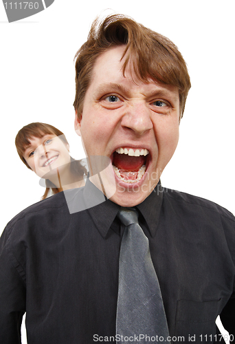Image of Man in rage and shouted loudly. Woman happy.