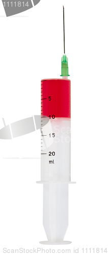 Image of Large syringe with blood on white background