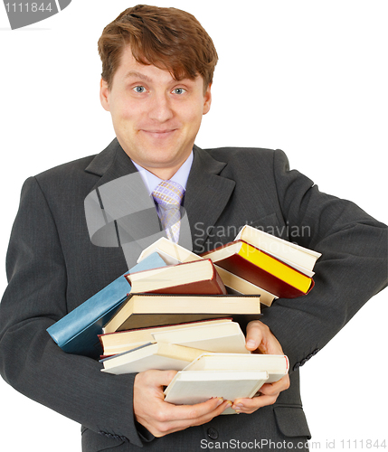 Image of Happy man holding pile of books