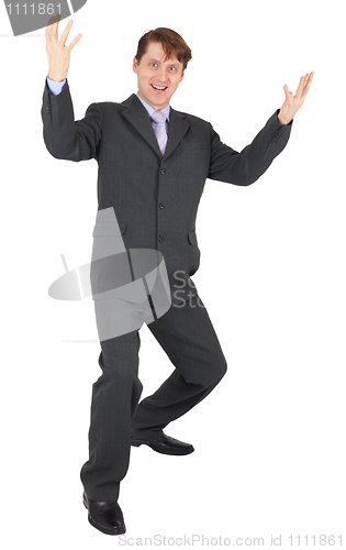 Image of Businessman rejoices on white background